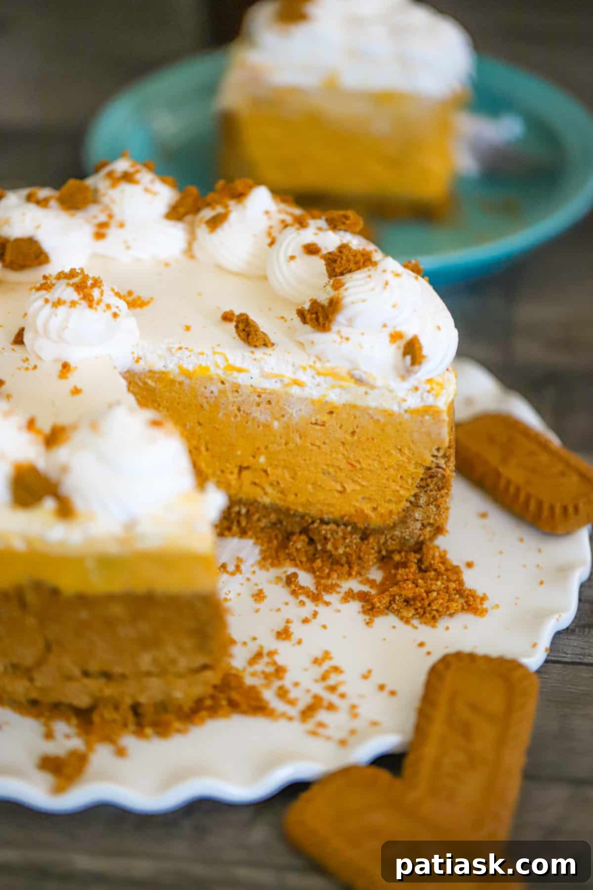 Autumn Spiced Pumpkin Biscoff Cheesecake 6 Sliced No-Bake Pumpkin Biscoff Cheesecake ready to be served