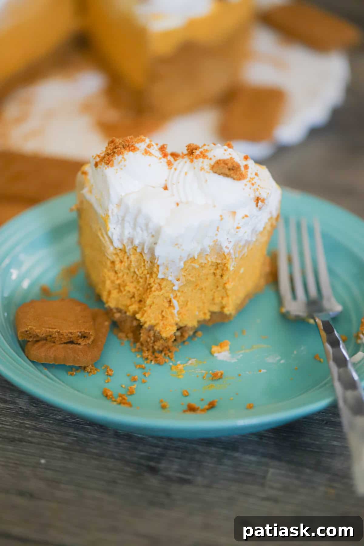 Autumn Spiced Pumpkin Biscoff Cheesecake 7 A slice of Pumpkin Biscoff Cheesecake on a plate, garnished with a whole Biscoff cookie