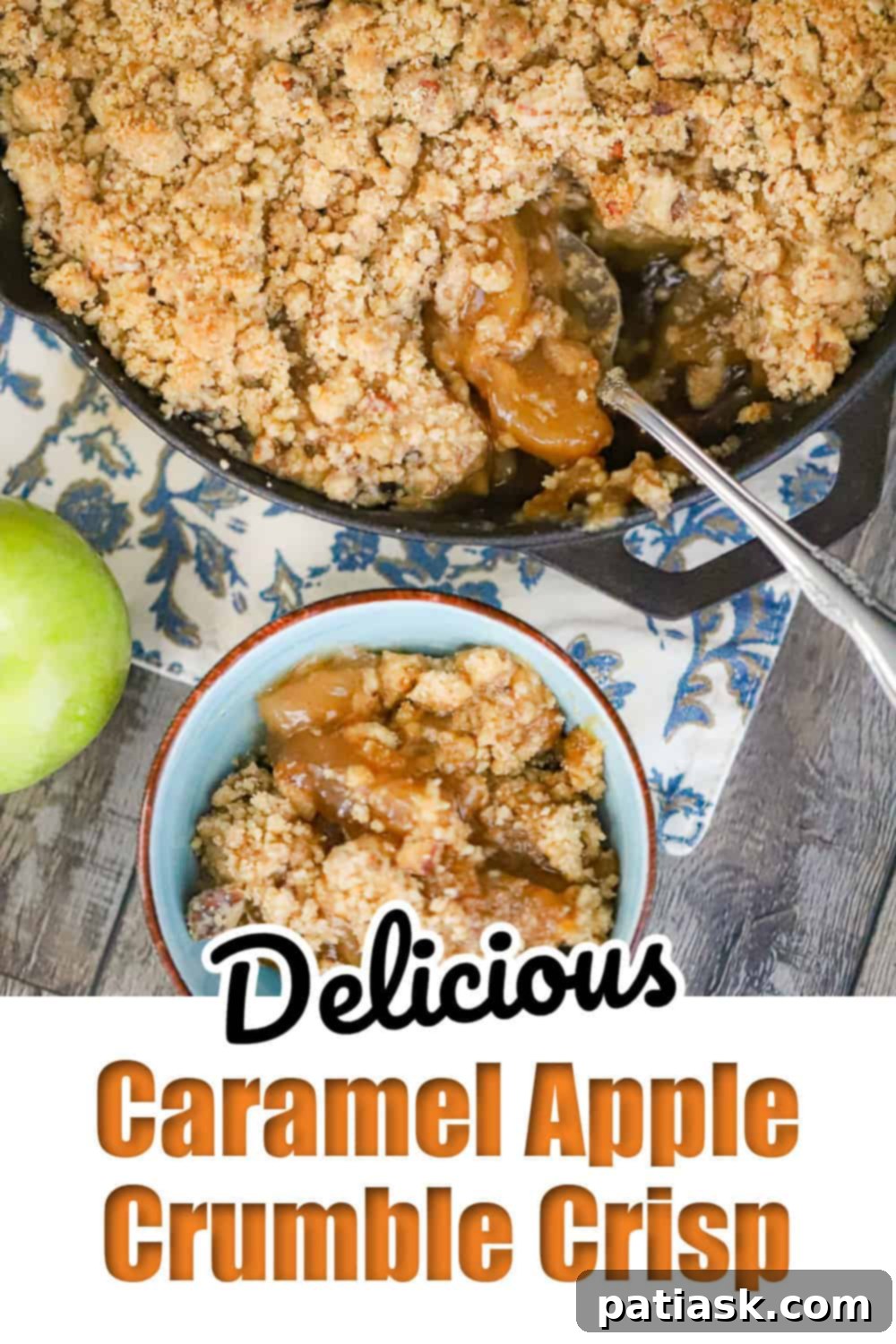 Golden Caramel Apple Crumble 11 Close-up of baked Caramel Apple Crumble Crisp, showing the golden topping