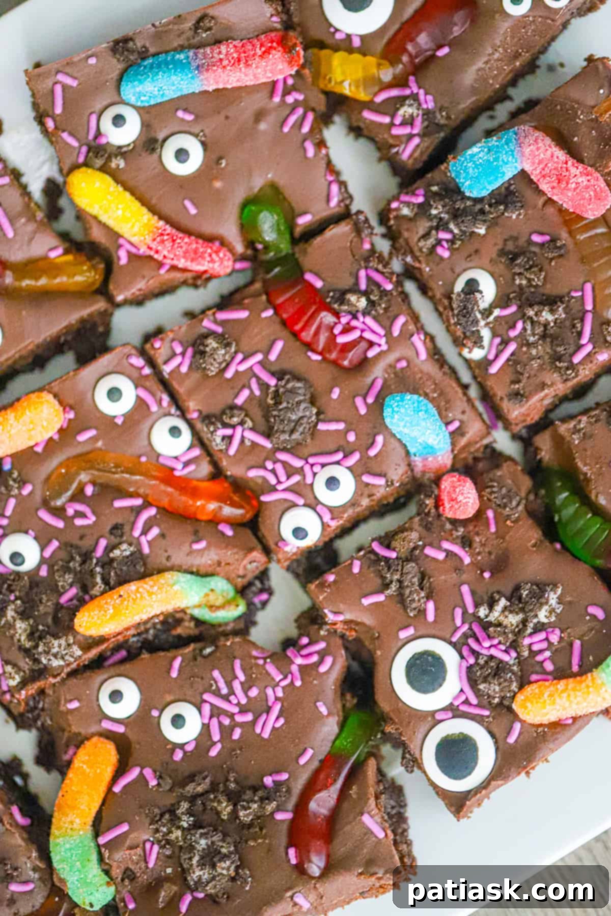 Monster Mash Brownies 3 Close-up of Spooky Halloween Brownies showing candy eyes and cookie crumbles