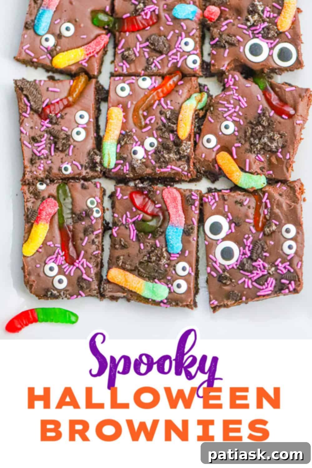 Monster Mash Brownies 9 Two Spooky Halloween brownies on a plate with more scattered candies
