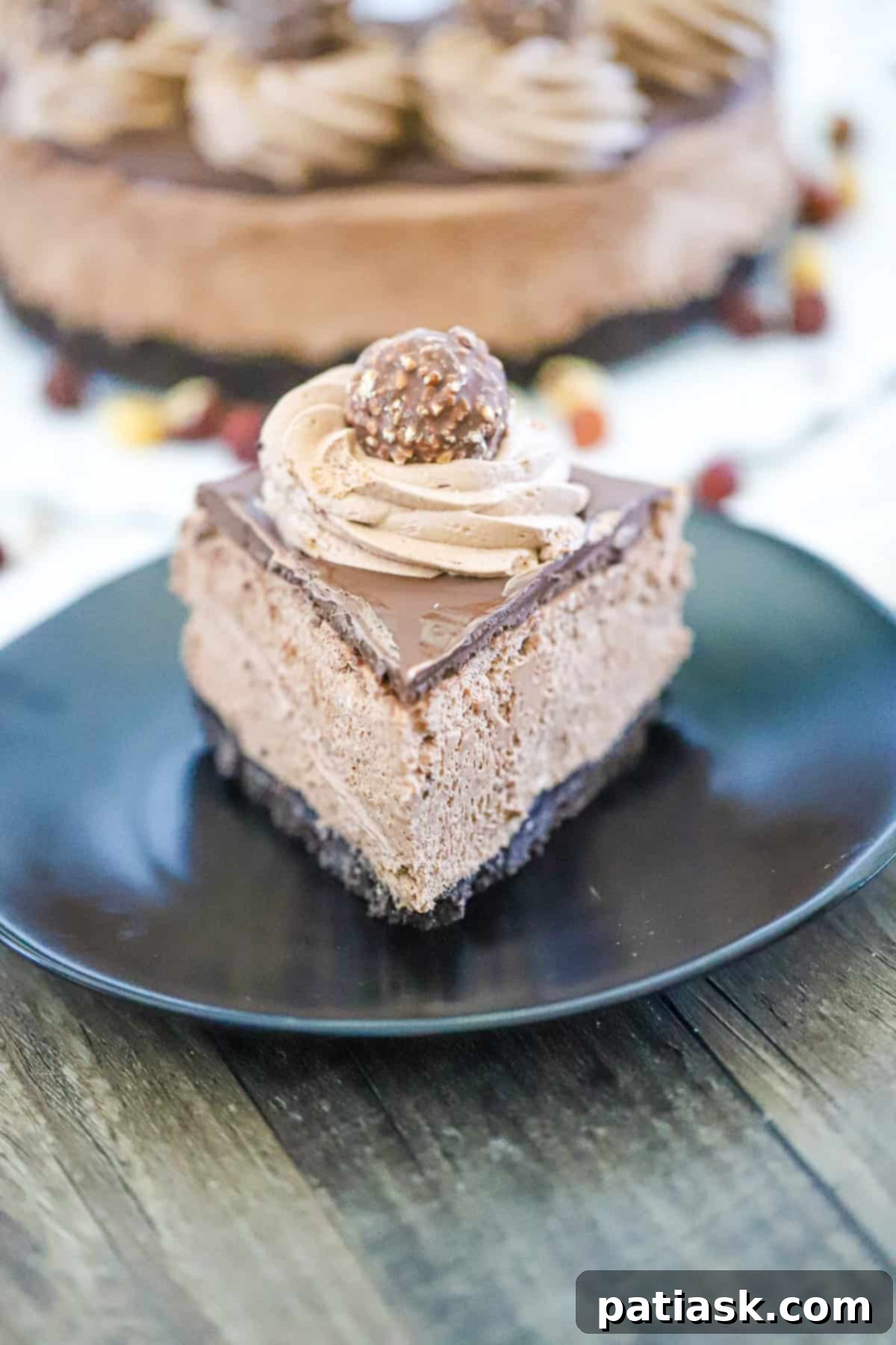 Decadent No-Bake Nutella Bliss 3 Close-up of a slice of no-bake Nutella cheesecake with creamy layers