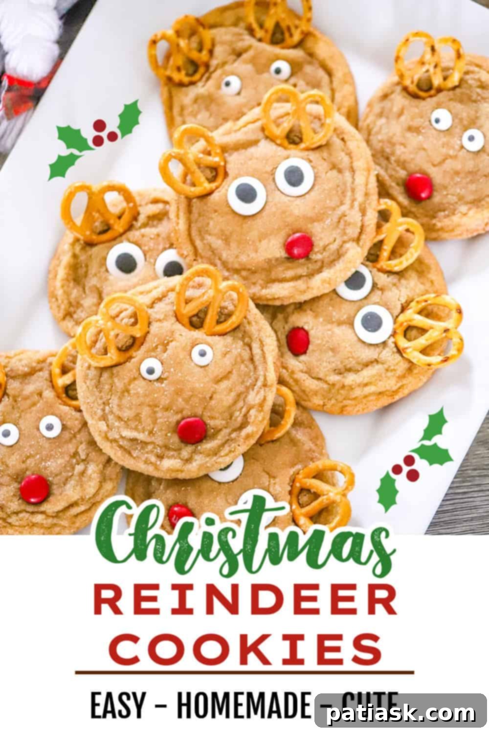 Festive Reindeer Delights 8 Close-up of a festive Christmas Reindeer Cookie on a plate.