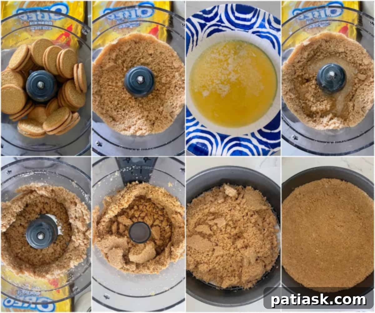 Golden Oreo Vanilla Dessert Crust 4 Tutorial showing how to make a Golden Oreo cookie crust, from crushing cookies to pressing into the pan.