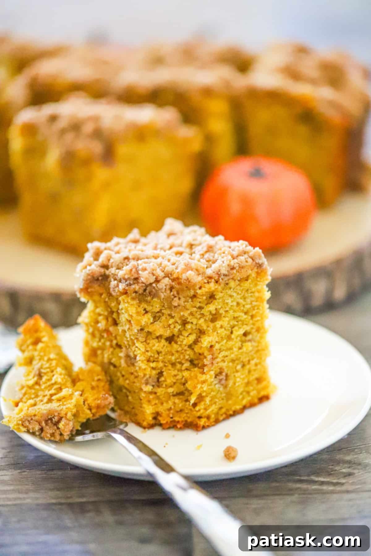 cinnamon pumpkin crumble coffee cake, beautifully baked and ready to serve