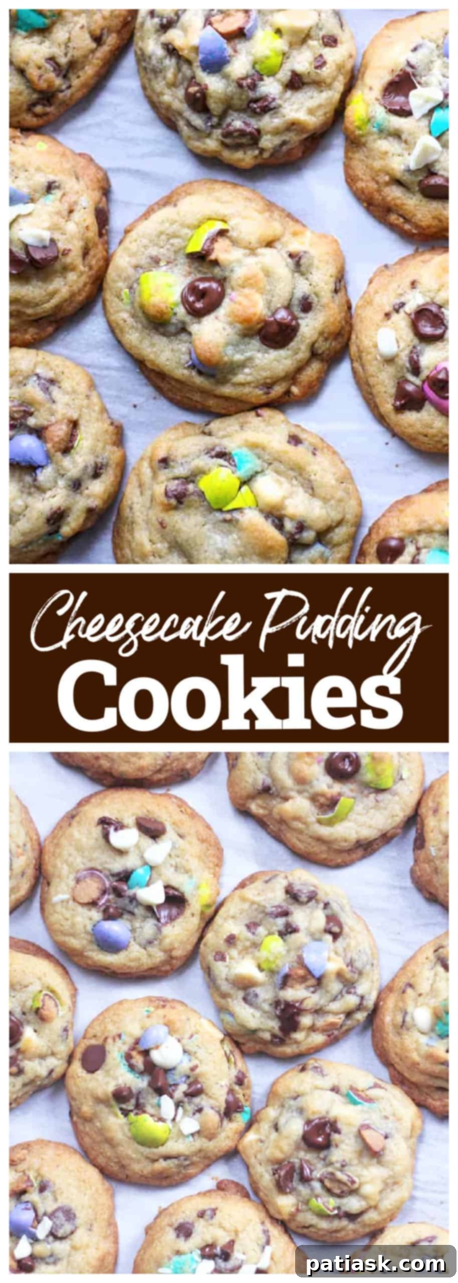 Cheesecake Pudding Chocolate Chip Cookies with various add-ins, beautifully arranged.