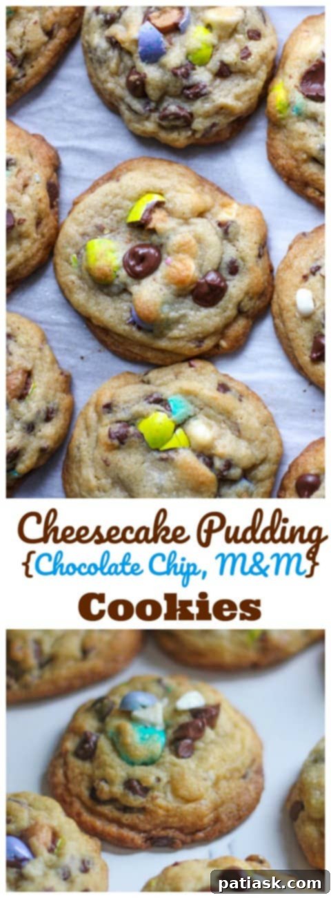 Velvety Cheesecake Chocolate Chip Cookies 8 Assorted Cheesecake Pudding Chocolate Chip Cookies, some with M&M's, on a rustic surface.
