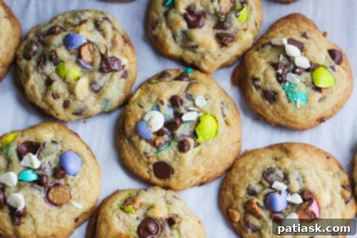Velvety Cheesecake Chocolate Chip Cookies 4 Freshly baked Cheesecake Pudding Chocolate Chip M&M Cookies cooling on a rack.