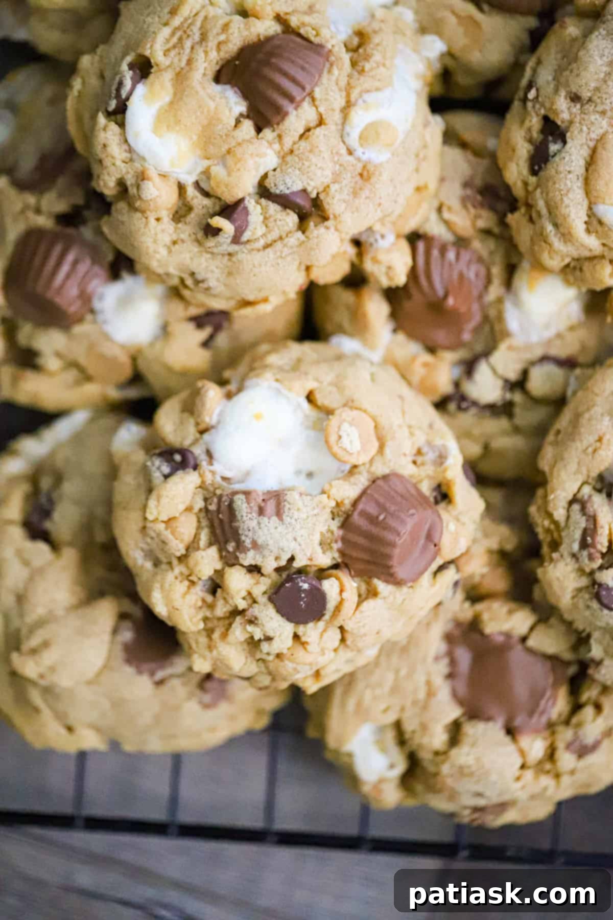 Reese's S'mores Peanut Butter Cookies 3 Reese's Peanut Butter Cup Marshmallow Cookies on a parchment-lined baking sheet