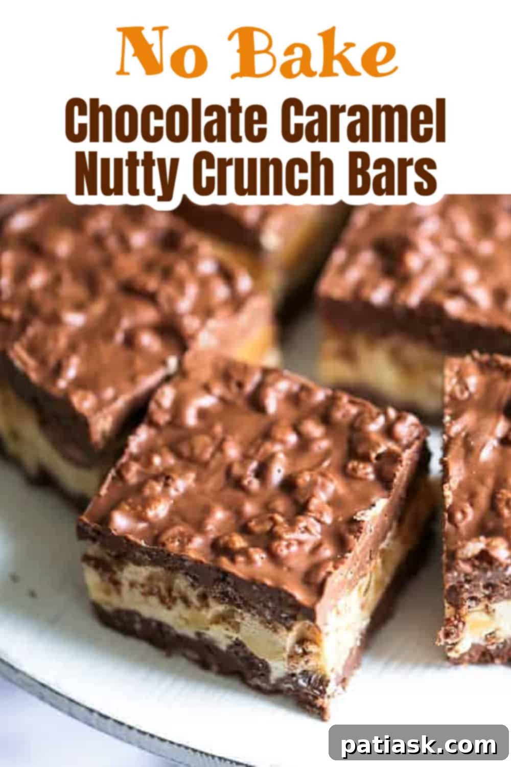 Decadent No Bake Chocolate Caramel Nutty Crunch Bars 9 Final presentation of no bake chocolate caramel nutty crunch bars stacked on a serving dish