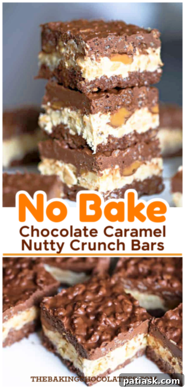 Decadent No Bake Chocolate Caramel Nutty Crunch Bars 13 Overhead view of no bake chocolate caramel nutty crunch bars on a white surface