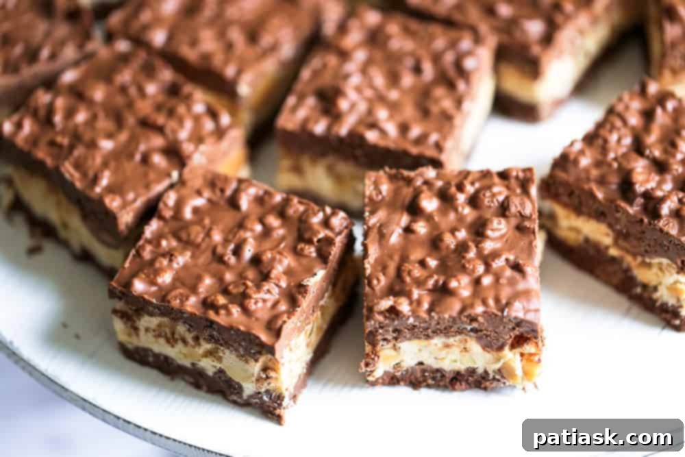 Decadent No Bake Chocolate Caramel Nutty Crunch Bars 5 Several no bake chocolate caramel nutty crunch bars neatly cut and arranged
