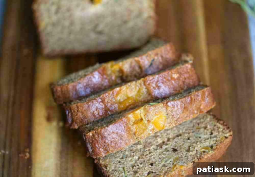 Wholesome Peach Zucchini Bread 2 Healthy Peach Zucchini Bread, sliced and ready to serve