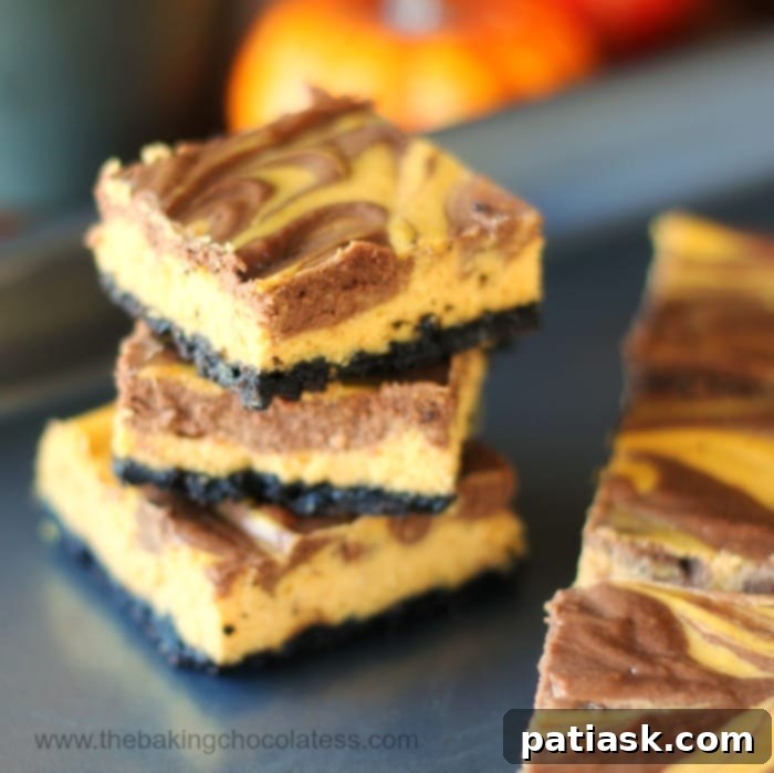 Over 50 Irresistible Cream Cheese Treats 23 Elegant Pumpkin Chocolate Swirl Cheesecake Bars