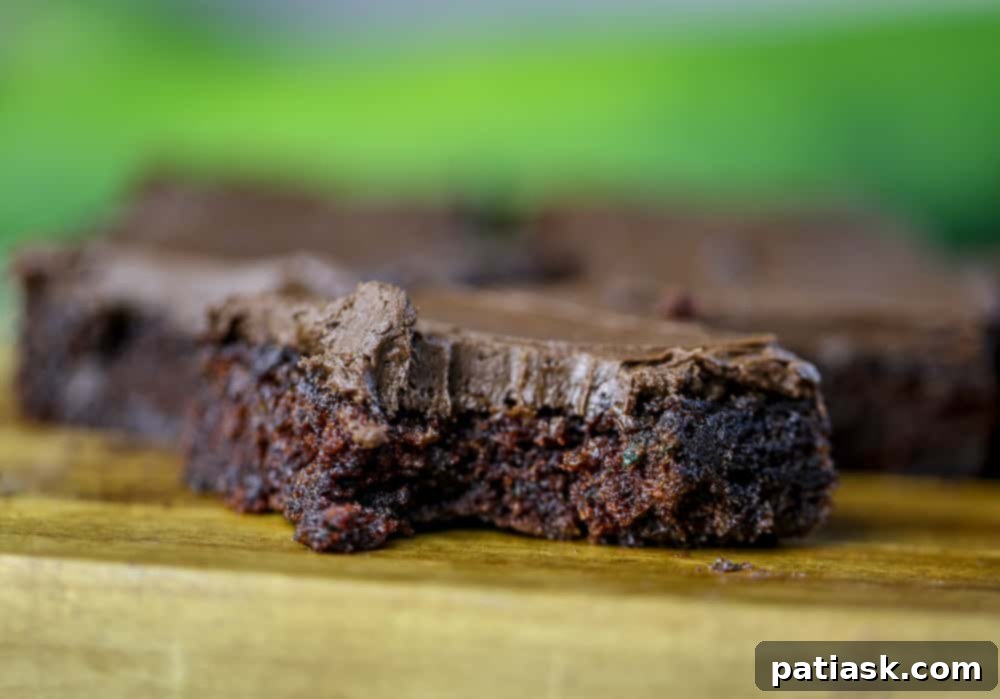 Close-up of frosted fudgy cocoa zucchini brownies