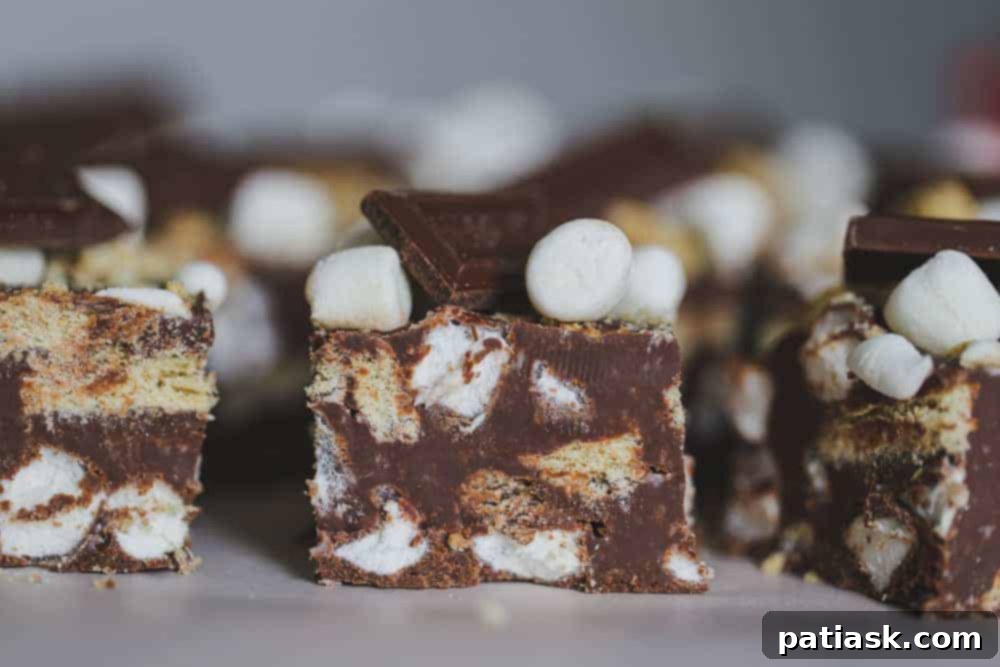 Effortless S'mores Fudge 7 Freshly set S'mores Fudge in a parchment-lined baking pan, showing the golden-brown graham crackers and white marshmallows