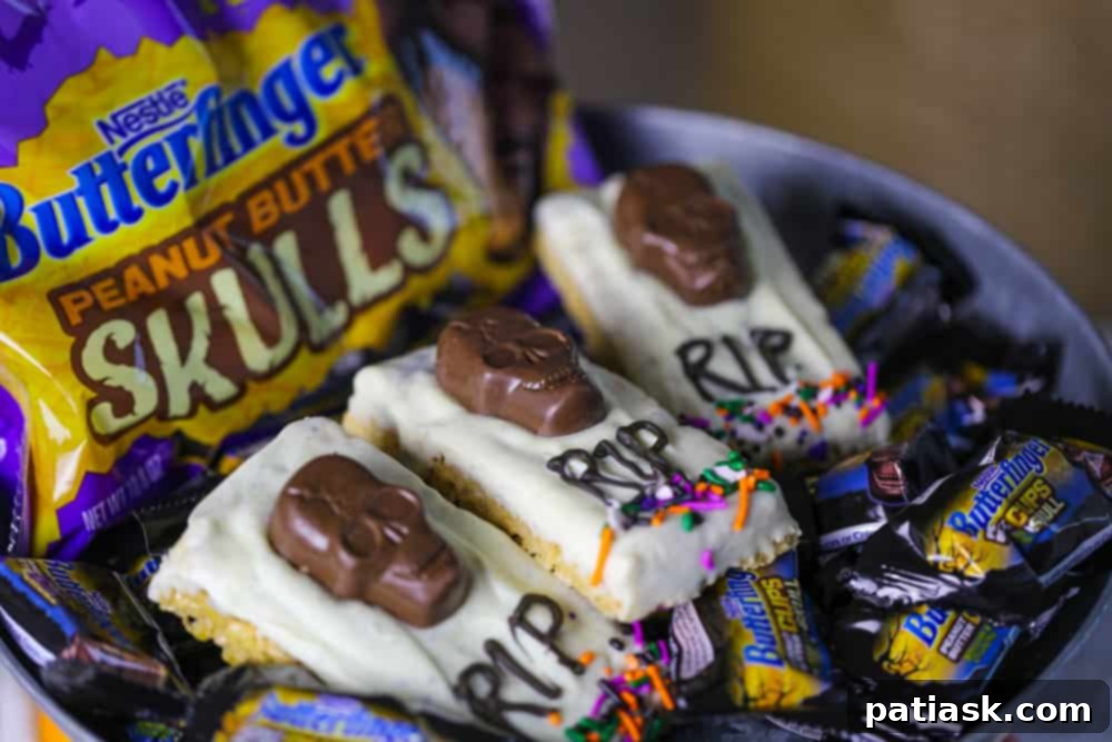 Tombstone Butterfinger Peanut Butter Skull Delights 8 Close-up of a Butterfinger Peanut Butter Cup Skull candy, perfect for Halloween decorations