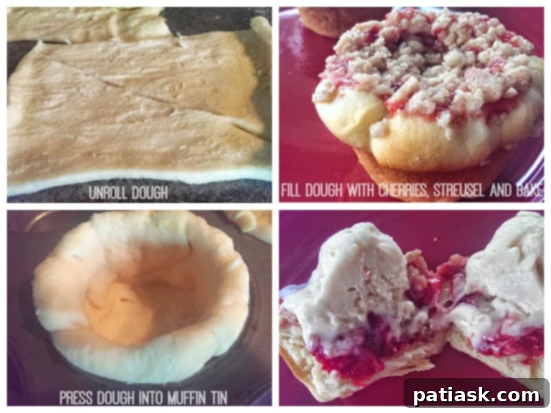 Close-up of a single mini cherry pie on a plate, with a spoon