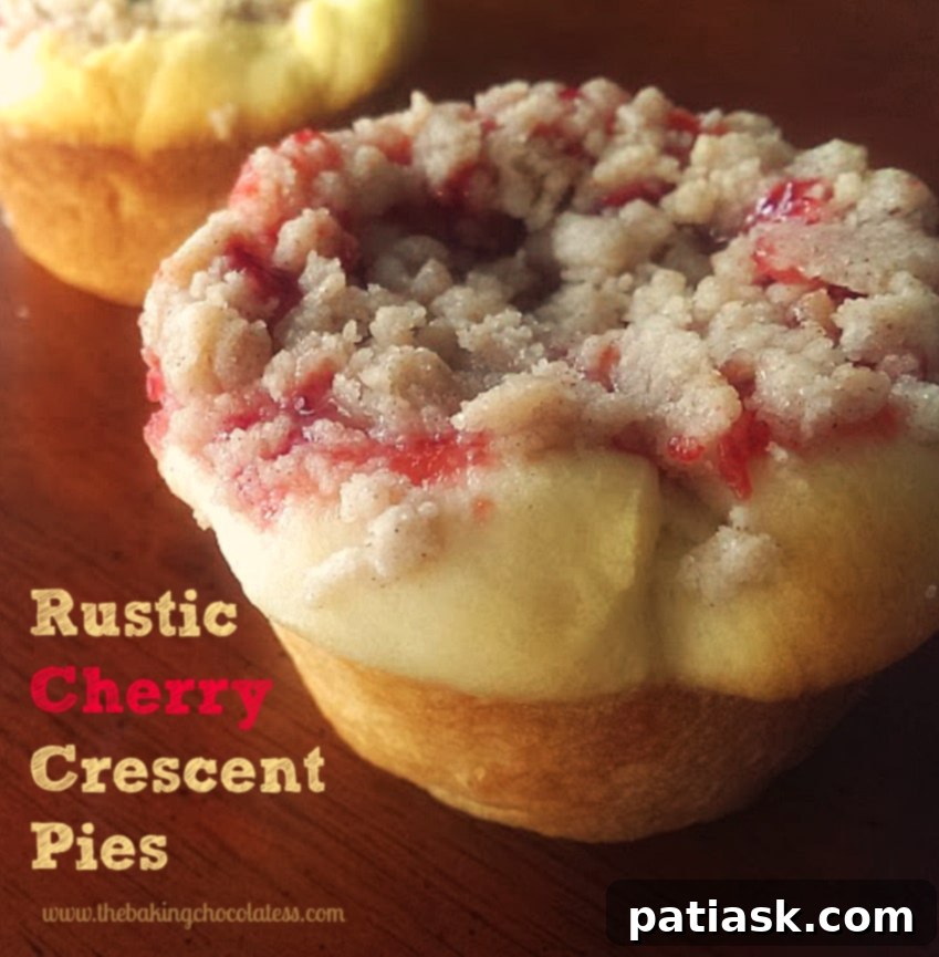 Multiple mini rustic Cherry Streusel Crescent Pies arranged on a rustic board