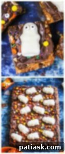 Spooktacular Reeses Monster Cookie Bars 9 Two pieces of Flourless Halloween Reese's Cookie Bars, showcasing the texture and toppings.