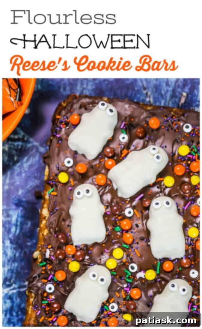 Spooktacular Reeses Monster Cookie Bars 7 Flourless Halloween Reese's Monster Cookie Bars arranged on a platter, ready to be served as a spooky, gluten-free Halloween treat.
