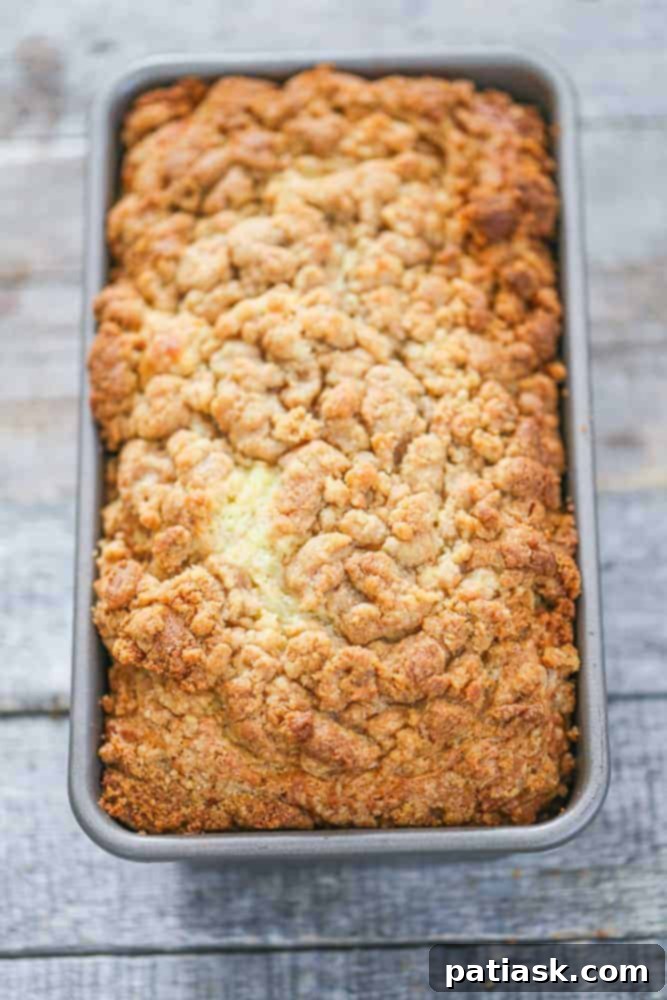 Overhead shot of Banana Cream Cheese Bread with Peanut Butter Streusel, showing the beautiful crumble top.