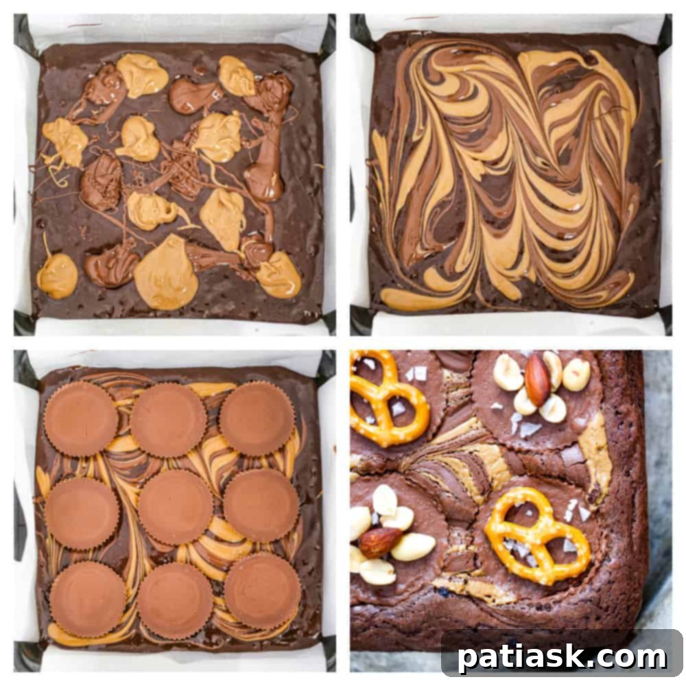 Decadent Nutella and Peanut Butter Cup Brownies 4 Overhead view of a tray of freshly baked Nutella and Peanut Butter Cup Brownies