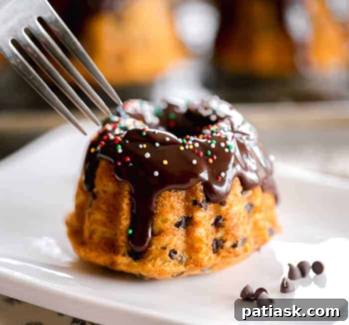 Chocolate Chip Bundtlets 6 A plate of Chocolate Chip Mini Bundt Cakes, glazed and ready to eat.