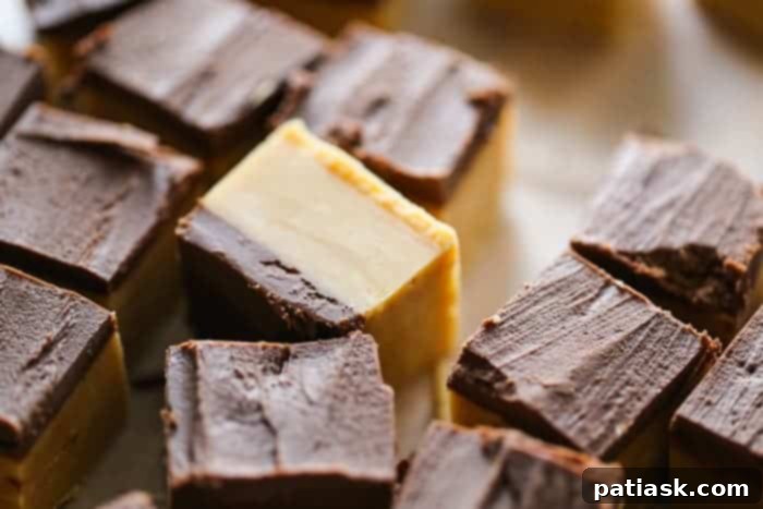 No-Fuss Buckeye Fudge 5 Prepared pan with the peanut butter fudge layer, ready for the chocolate topping