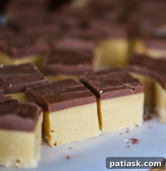 No-Fuss Buckeye Fudge 6 Platter of freshly cut, layered Buckeye Fudge squares