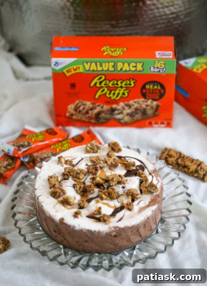 #ad Reese's Puffs Treat Ice Cream Sundae Cake! With everybody's favorite combination Chocolate & Peanut Butter!   @generalmills @walmart @reesespuffs @luckycharms @cinnamontoastcrunch 