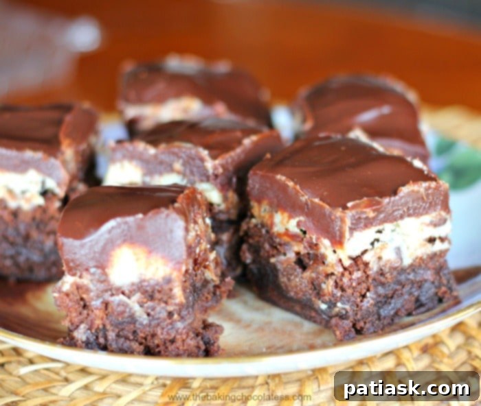 Decadent Cookie Dough Brownie Bars 3 Close-up of a stack of Cookie Dough Brownies showing the distinct layers.