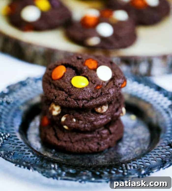 Reese's Fudge Cookies Close-up Close-up of baked Reese's Chocolate Fudge Cookies on a cooling rack