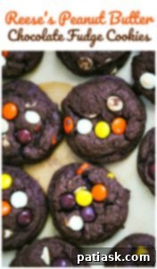 Reese's Cookies Flat Lay Reese's Peanut Butter Chocolate Fudge Cookies on a white background