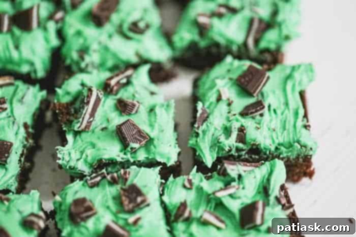 Cool Mint Triple Chocolate Fudge Brownies 6 Andes Chocolate Mint Brownies with green frosting, ready to serve