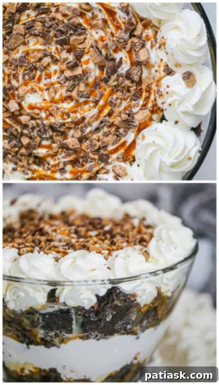 Individual serving of Better Than Sex Trifle Dessert with whipped cream and caramel