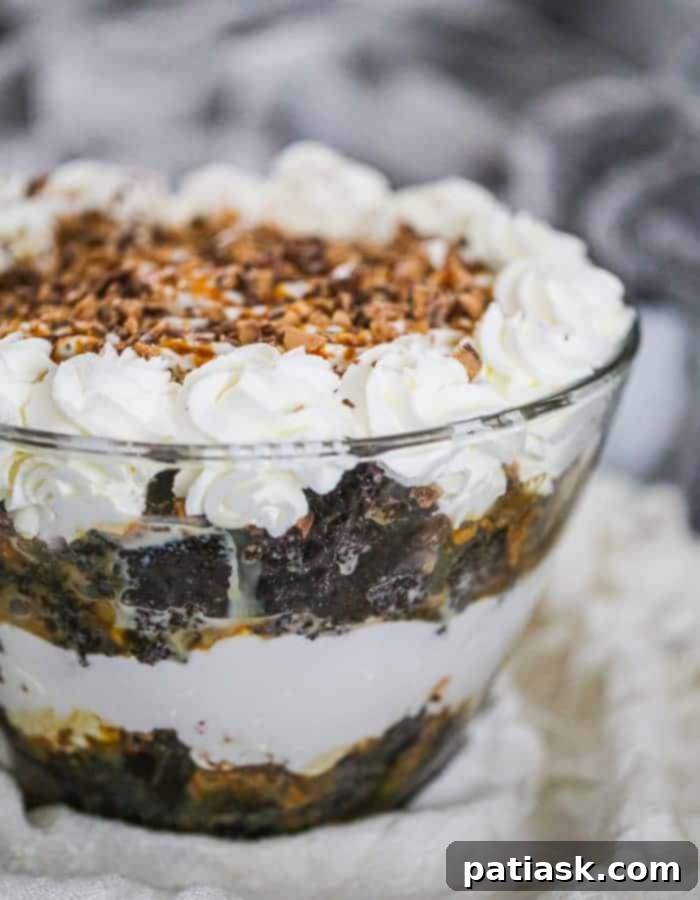 Divine Bliss Trifle 5 Top view of Better Than Sex Trifle Dessert garnished with caramel and toffee