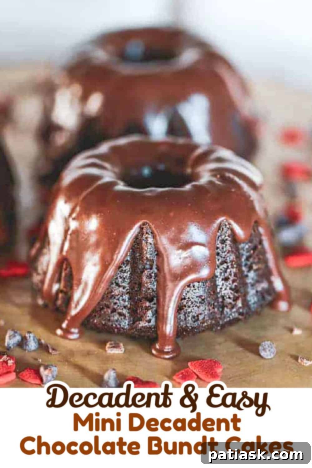 Mini Decadent Chocolate Bundt Cakes with a delicate white background