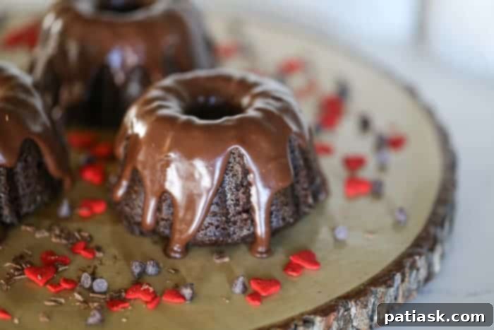 Three Mini Decadent Chocolate Bundt Cakes arranged elegantly on a serving dish