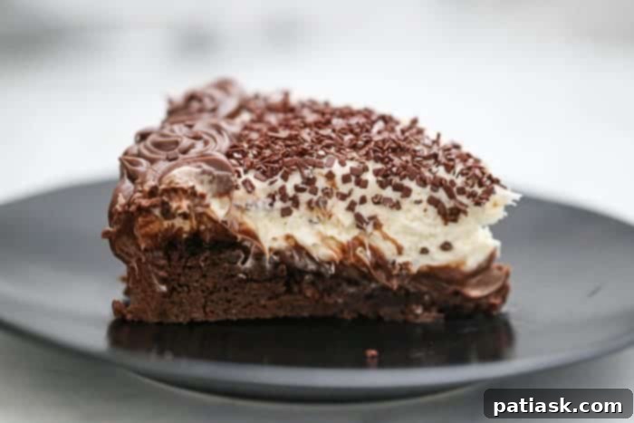 Decadent Chocolate Brownie Cheesecake 3 Close-up of brownie base with chocolate frosting layer