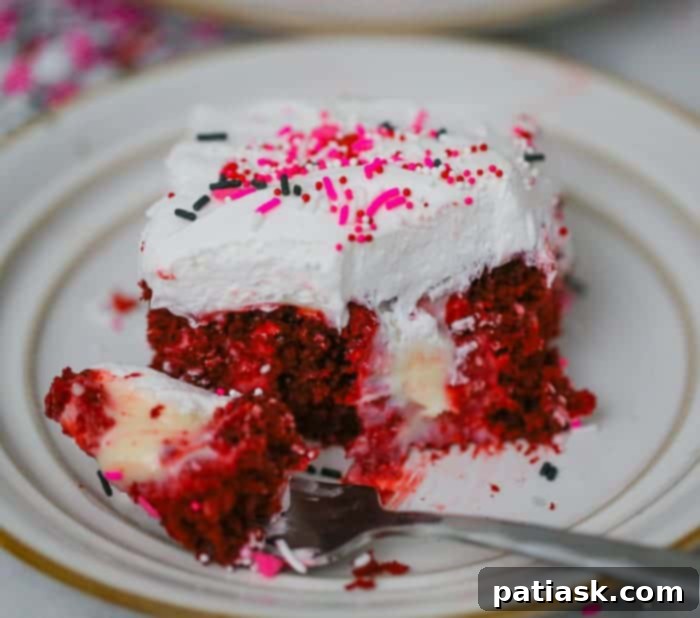 Delicious Red Velvet Cream Cheese Poke Cake, a perfect dessert recipe with pudding and cheesecake flavors.