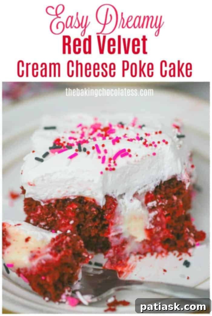 The full Easy Dreamy Red Velvet Cream Cheese Poke Cake, beautifully presented.