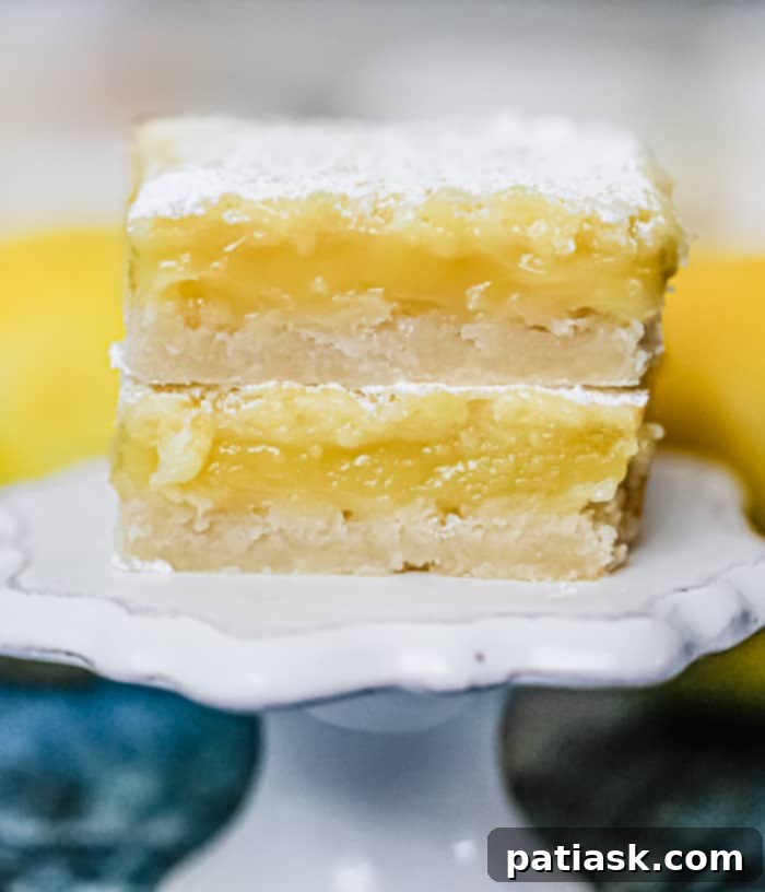 Easter Brunch Desserts So Heavenly, You'll Rise to the Occasion 3 A close-up of a square lemon bar, showing the smooth, yellow lemon curd topping with a dusting of powdered sugar and a flaky shortbread crust.