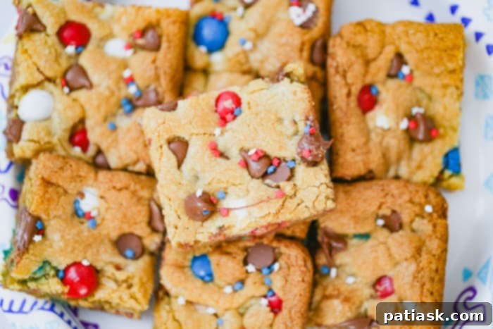 Patriotic M&M Party Cookie Bars - red white and blue desserts