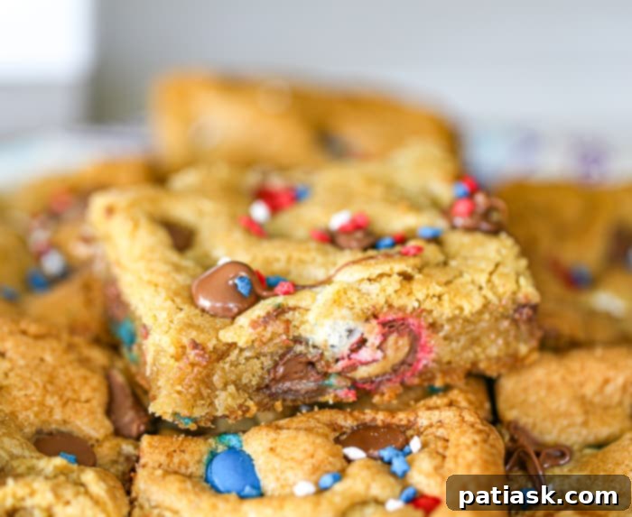 Patriotic M&M Party Cookie Bars - red white and blue desserts