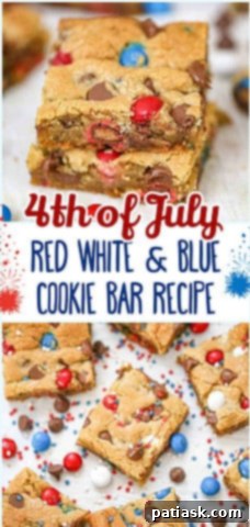 Patriotic M&M Party Cookie Bars - red white and blue desserts