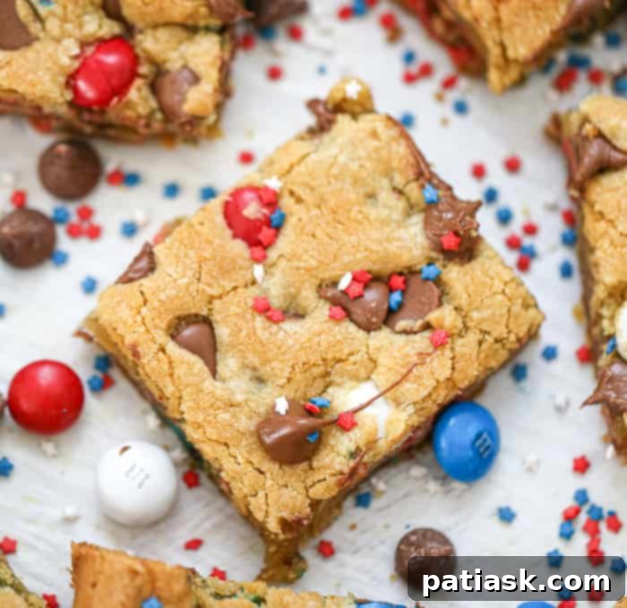 Patriotic M&M Party Cookie Bars -red white and blue desserts
