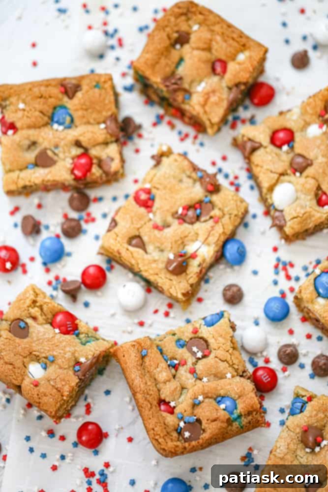 Patriotic M&M Party Cookie Bars - red white and blue desserts