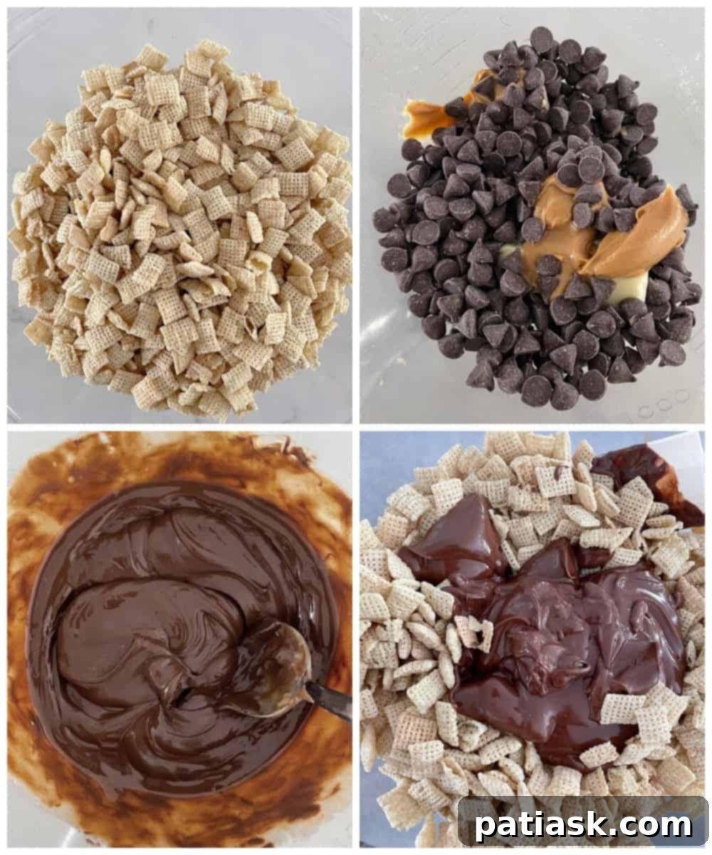 Monster Mash Puppy Chow 5 Halloween Party Puppy Chow mix recipe - a close-up of the finished Chex mix with various candies and pretzels.