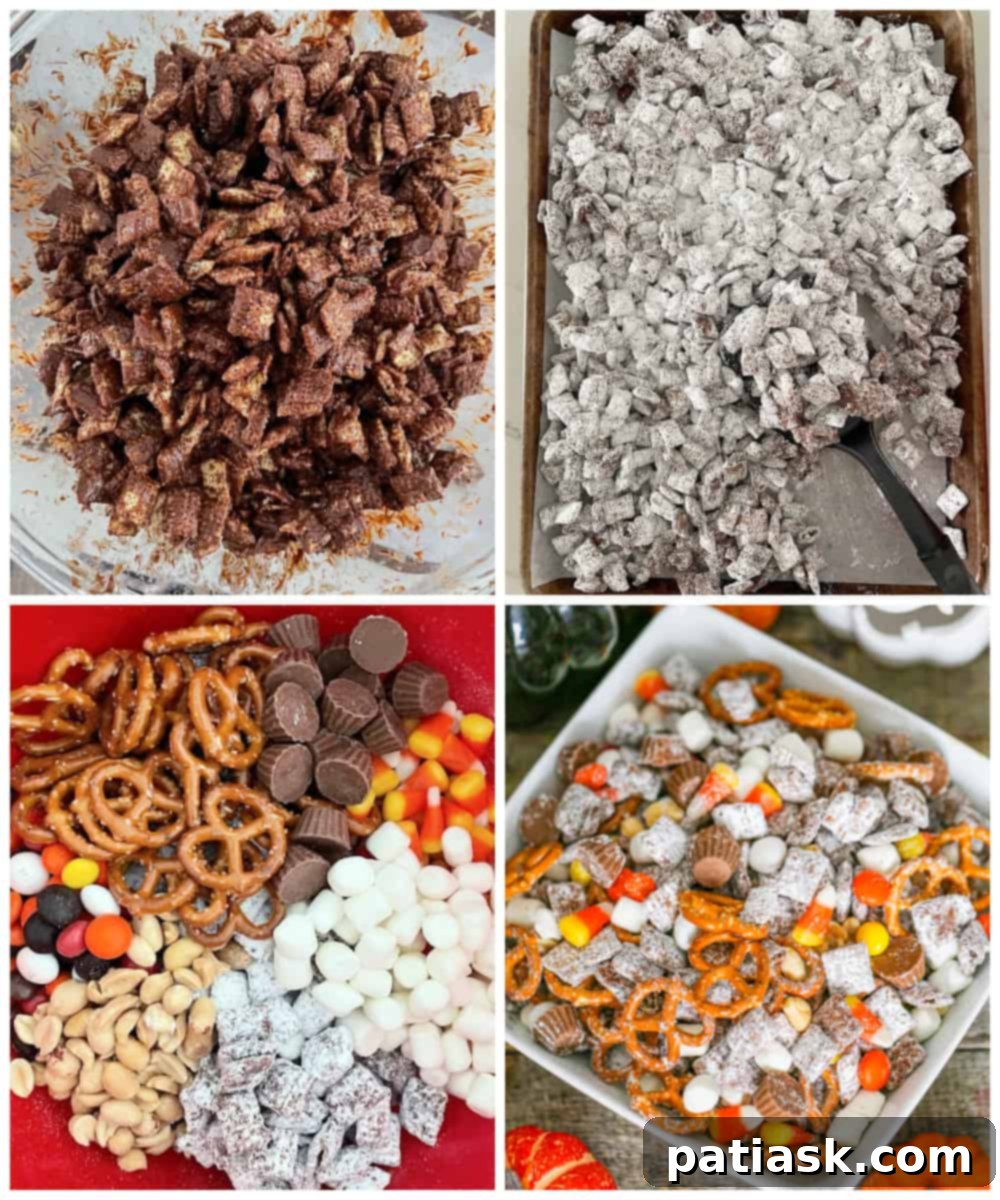 Monster Mash Puppy Chow 6 Halloween Party Puppy Chow mix recipe - a decorative bowl overflowing with Halloween puppy chow, ready for a festive gathering.